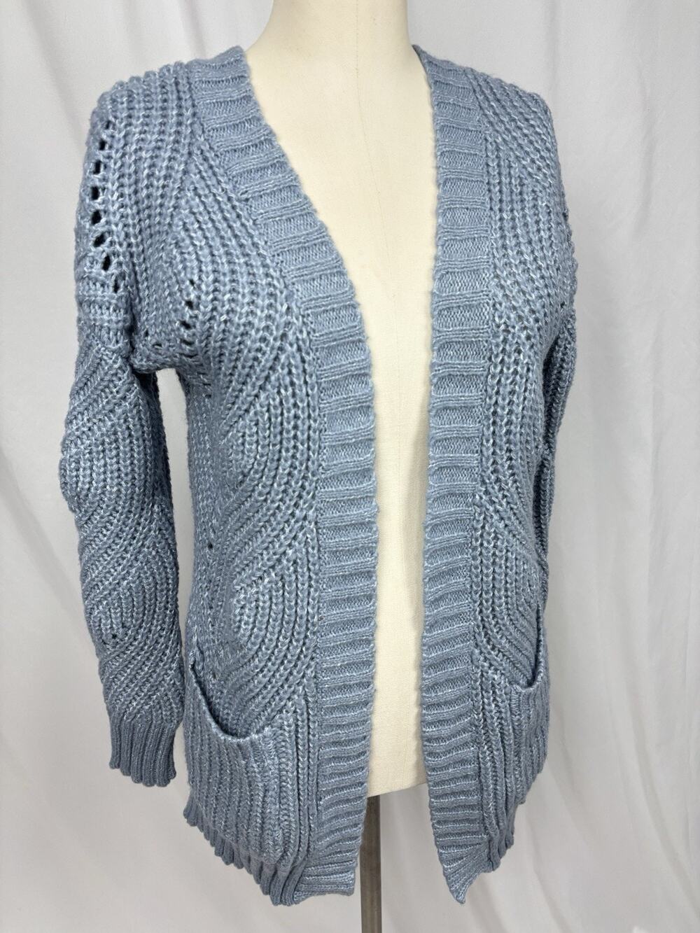 Hippie Rose Blue Open Weave Cardigan Sweater Size S Boho Cottage Soft Girl